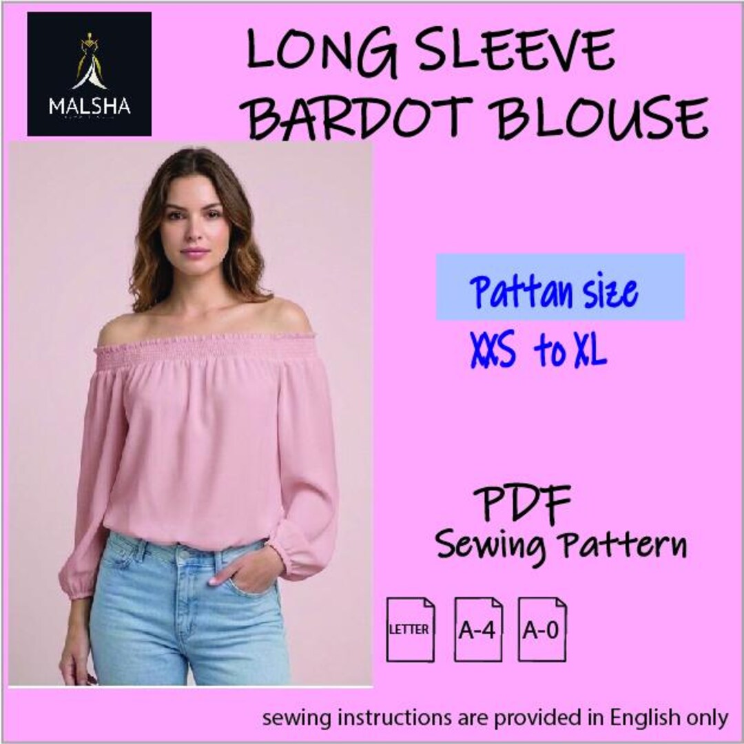 Long Sleeve Bardot Blouse Sewing Pattern – PDF Digital Download (XXS-XL ...