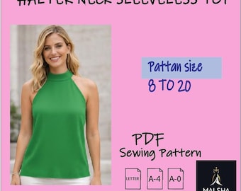 Halter Neck Sleeveless Top for Women – Summer Backless Blouse, Elegant Party Tank, Trendy Minimalist Top, Downloadable PDF Sewing Pattern