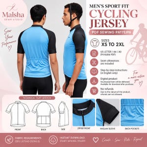 May include: A digital PDF sewing pattern for a sport fit cycling jersey. The design features a light blue body with black raglan sleeves, a front zipper, and back pockets. Includes technical flat sketches, size range XS to 2XL, and instructions.