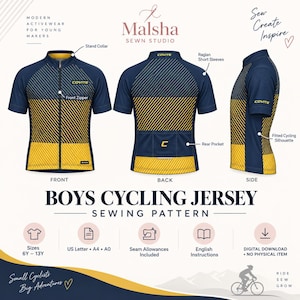 Pode incluir: Um molde de costura digital para uma camisa de ciclismo para menino com um design de listras diagonais em azul marinho e amarelo. A camisa inclui gola alta, zíper frontal, mangas curtas raglan e um bolso traseiro para tamanhos 6A-13A.