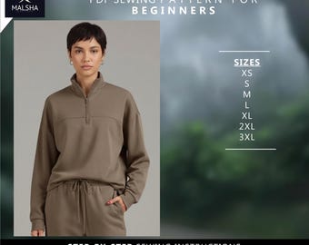 Patrón de costura para sudadera de mujer con media cremallera - Patrón de costura en PDF descargable / Imprimible en tamaño A4 (carta estadounidense) / Descarga instantánea