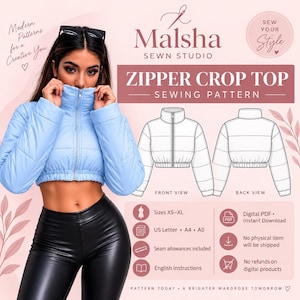 Op de afbeelding: Een lichtblauwe gewatteerde crop top met een hoge kraag en ritssluiting aan de voorzijde. De afbeelding bevat een technische naaipatroonillustratie met voor- en achteraanzichten, inclusief tekstlabels voor Malsha Sewn Studio en Zipper Crop Top.