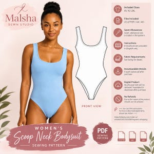 May include: A light blue scoop neck bodysuit sewing pattern. The image displays a digital product listing with a technical line drawing of the garment, labeled front view, alongside text details for sizes XS to 2XL and file formats.