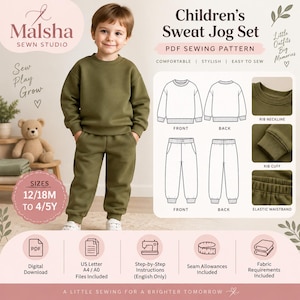 Puede incluir: Un patrón de costura digital en PDF para un conjunto de sudadera y pantalón de chándal para niños, en color verde oliva, que incluye una sudadera de manga larga con cuello redondo, puños acanalados y cintura elástica en el pantalón.