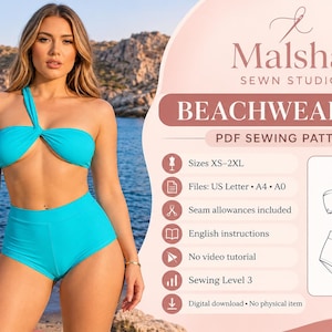 May include: A bright turquoise two-piece beachwear set PDF sewing pattern by Malsha Sewn Studio. Includes sizes XS-2XL, US Letter, A4, and A0 files, seam allowances, and English instructions. Features a line drawing of the top and high-waisted bottoms.