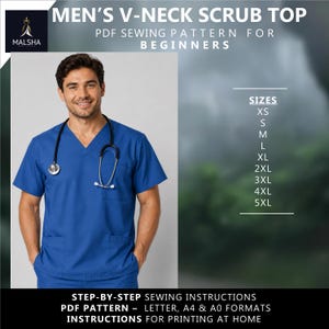 May include: A blue V-neck scrub top with two front pockets. The image includes text that reads "MEN'S V-NECK SCRUB TOP PDF SEWING PATTERN FOR BEGINNERS" and size options from XS to 5XL. A stethoscope is around the neck.