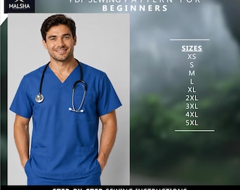 Patrón de costura para blusa médica de cuello en V para hombre - Patrón de costura en PDF descargable / Imprimible en tamaño A4 (Carta estadounidense) / Descarga instantánea