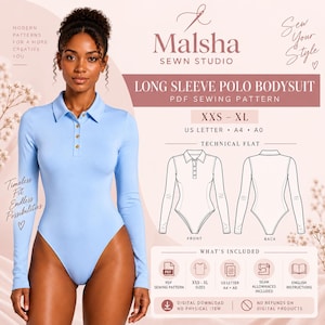 May include: A light blue long-sleeve polo bodysuit PDF sewing pattern by Malsha Sewn Studio. The design features a collared neckline with a three-button placket. Includes technical flat illustrations for front and back views, sizes XXS to XL, and formats for US Letter, A4, and A0 paper. Digital download product.
