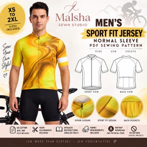 May include: A digital PDF sewing pattern for a sport fit jersey with short sleeves and a zipper closure. The design features a yellow and orange marbled pattern, a white sleeve band, and back pockets. Includes front and back technical line drawings.