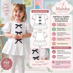 May include: A digital sewing pattern for a toddler tunic featuring puff sleeves and three black bows on the front. The image includes a technical flat sketch, text detailing sizes from 12/18M to 5/6Y, and instructions for a downloadable PDF file.