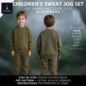 May include: An olive green children's sweat jog set. The image shows a front and back view of a child wearing a matching sweatshirt and sweatpants. Text on the image reads "CHILDREN'S SWEAT JOG SET" and "PDF SEWING PATTERN FOR BEGINNERS". Sizes include 12/18M, 18/24M, 2/3Y, 3/4Y, and 4/5Y.