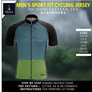 May include: A sport fit cycling jersey sewing pattern for beginners. The jersey has a black collar and sleeves, with a blue and green striped pattern on the torso. The pattern includes step-by-step sewing instructions and is available in sizes 10/XS to 20/2XL.