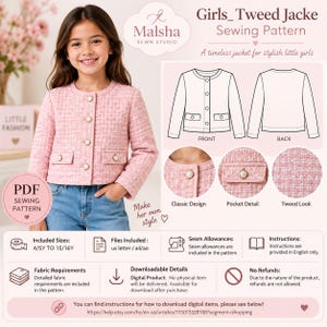 May include: A digital PDF sewing pattern for a pink tweed jacket, featuring a round neckline, front button closure, and two flap pockets. The image includes technical line drawings of the front and back, along with close-up details of the fabric.