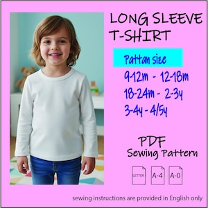 May include: A young child wearing a white long-sleeve T-shirt and blue jeans. The image includes text indicating a PDF sewing pattern for a long-sleeve T-shirt, with size options from 9-12 months to 4/5 years.