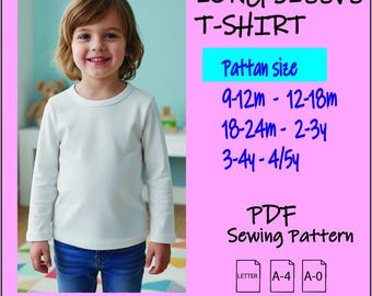 T-shirt à manches longues pour enfants|Patron de couture PDF téléchargeable/A4 US Letter imprimable/téléchargeable instantanément|T-shirt unisexe à manches longues pour filles/garçons