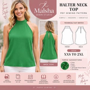 Puede incluir: Un patrón de costura en PDF para un top con cuello halter verde de Malsha Sewn Studio. El diseño presenta un cuello alto, corte sin mangas y cierre de botón en la espalda. Incluye bocetos técnicos para vistas frontal y trasera, tallas de XXS a 2XL, y sugerencias de telas como crepé, rayón, gasa, telas tejidas ligeras y mezclas de lino.