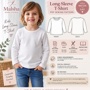 May include: A digital PDF sewing pattern for a long-sleeve t-shirt by Malsha Sewn Studio. The image displays a white long-sleeve t-shirt, front and back technical line drawings, and text detailing sizes from 9M/12M to 5/6Y, file formats, and instructions.