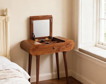 Solid Mango Wood Mini Dressing Vanity Table with Foldable Mirror