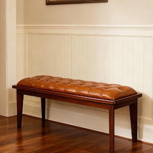 50" W Genuine Leather Solid Wood Tufted Bench, Mid-Century