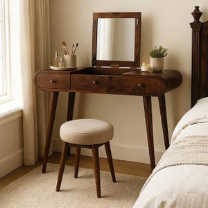 Solid Mango Wood Dressing Vanity Table With 3 Drawers & Foldable Mirror