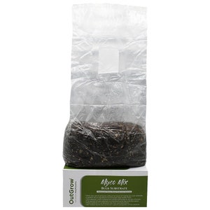 May include: A clear plastic bag filled with a dark brown mushroom substrate mix. The bag is sitting on top of a box with the text "Myco Mix Bulk Substrate" and "OutGrow" on the side.