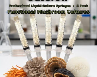 Functional Liquid Culture Syringes 5 Pack | Cordyceps Maitake Turkey Tail Chaga Lions Mane