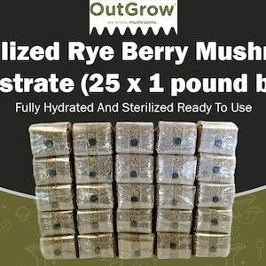 May include: Twenty-five 1-pound bags of sterilized rye berry mushroom substrate. The bags are stacked in rows and are ready to use. OutGrow we know mushrooms.
