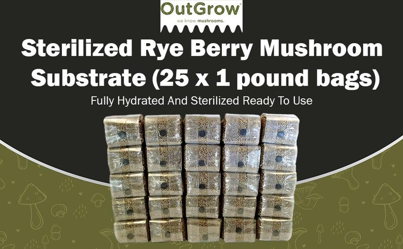 May include: Twenty-five 1-pound bags of sterilized rye berry mushroom substrate. The bags are stacked in rows and are ready to use. OutGrow we know mushrooms.
