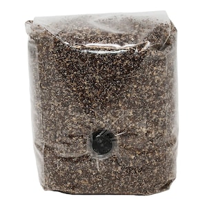 May include: A clear plastic bag filled with a brown and white substrate. The bag has a black valve on the side.