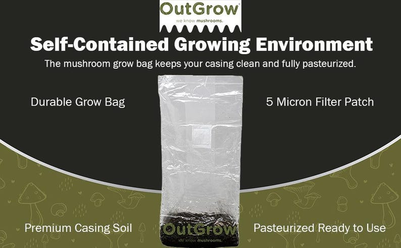 Puede incluir: Una bolsa de cultivo blanca con un parche de filtro de 5 micras. La bolsa est&aacute; etiquetada con "OutGrow" y tiene el texto "Entorno de cultivo aut&oacute;nomo" y "Bolsa de cultivo duradera". La bolsa est&aacute; sobre una superficie marr&oacute;n con un fondo verde.
