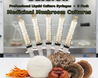Medicinal Mushroom Liquid Culture Syringes 5 Pack | Cordyceps Lions Mane Maitake Reishi Turkey Tail