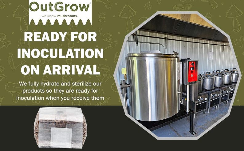 May include: A stainless steel industrial-sized pot with a red control panel and a row of smaller stainless steel pots. The text "READY FOR INOCULATION ON ARRIVAL" is displayed on a green background with mushroom illustrations. The text "We fully hydrate and sterilize our products so they are ready for inoculation when you receive them" is also displayed.