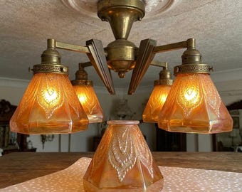 SET OF THREE Vintage Amber Carnival Glass Lamp Shades Only! Dragon Lotus Style 2 1/4” Fitter Fenton Iridescent Light 1930s