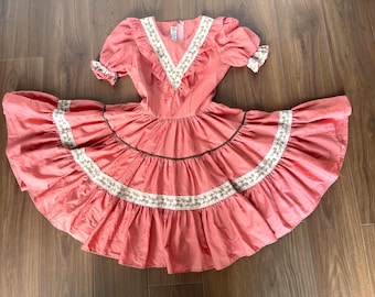 FULL CIRCLE Handmade Square Dance Dress – Rose Pink with Lace Trim – Size Small Antique Vintage Western Folk Prairie
