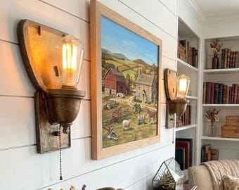 PAIR Antique ART DECO Cast Brass Wall Light Lamp Very Old Vintage 1920s Sconces Plug Chain Switch Electric Lighting