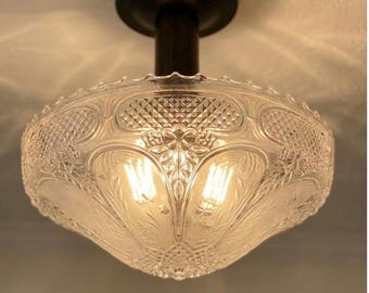 Antique Etched Frosted Glass Ceiling Light  Shade Vintage Art Deco 1940's