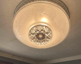 Antique Etched Frosted Glass Ceiling Light  Shade Vintage Art Deco 1940's