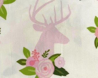 Woodland Deer Floral Cotton Satin Fabric – Pink Stag, Cottage Theme Projects