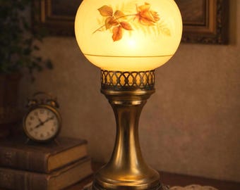 Antique Floral Glass Brass Table Lamp Rose Shade Upcycling