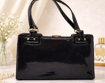 Vintage Lester Bags Purse Patent Leather Handbag, Gold Accents, 1950s Style