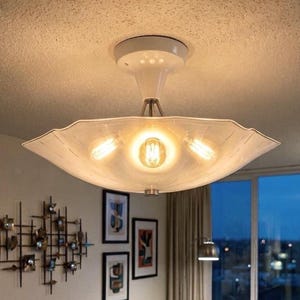 May include: A semi-flush mount ceiling light fixture featuring a wide, scalloped, frosted glass bowl shade with a subtle etched pattern. The fixture has a white central canopy and three visible glowing light bulbs inside the glass bowl.