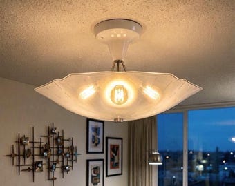 Atomic Age MID CENTURY MODERN Ceiling Light Fixture Glass 1960's Flush Vintage Flush Mount 14” | 3-Light Retro Space Age 1960’s ufo