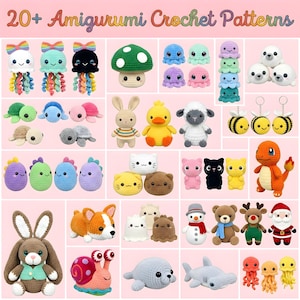 Pode incluir: Uma cole&ccedil;&atilde;o de padr&otilde;es de croch&ecirc; amigurumi coloridos, incluindo &aacute;guas-vivas, tartarugas, um cogumelo, polvos, focas, abelhas, dinossauros, gatos, um coelho, um pato, uma ovelha, um corgi, um boneco de neve, um urso, uma rena, um Papai Noel, um caracol, um tubar&atilde;o e muito mais. O texto "20+ Amigurumi Crochet Patterns" est&aacute; no topo.