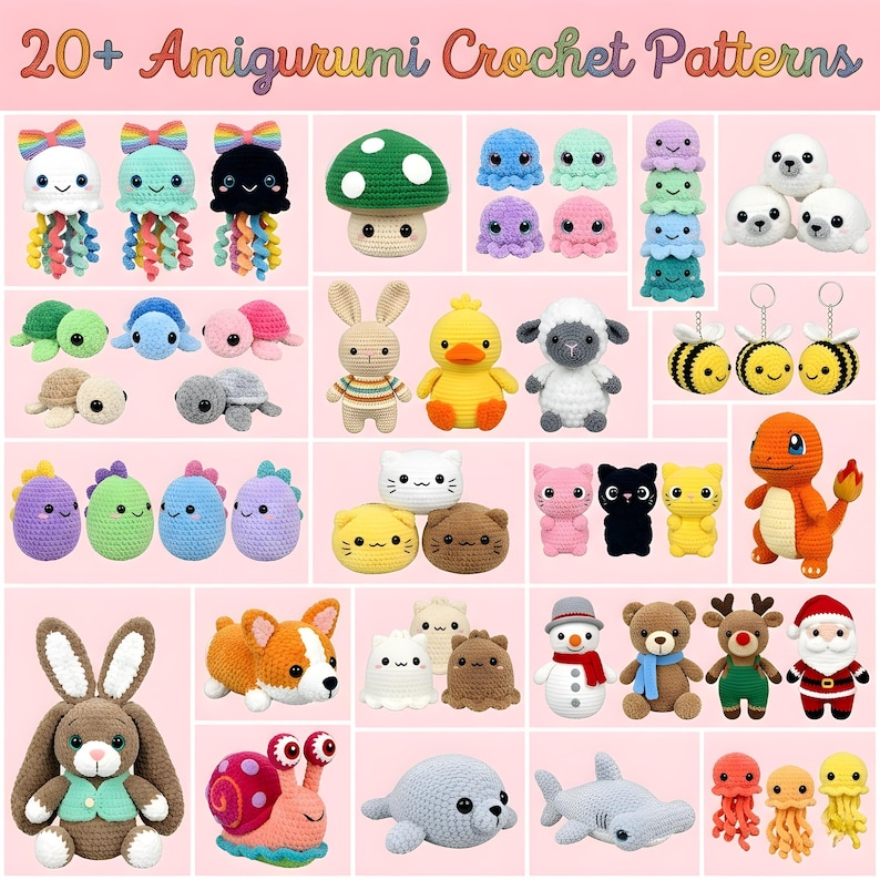 Pode incluir: Uma cole&ccedil;&atilde;o de padr&otilde;es de croch&ecirc; amigurumi coloridos, incluindo &aacute;guas-vivas, tartarugas, um cogumelo, polvos, focas, abelhas, dinossauros, gatos, um coelho, um pato, uma ovelha, um corgi, um boneco de neve, um urso, uma rena, um Papai Noel, um caracol, um tubar&atilde;o e muito mais. O texto "20+ Amigurumi Crochet Patterns" est&aacute; no topo.