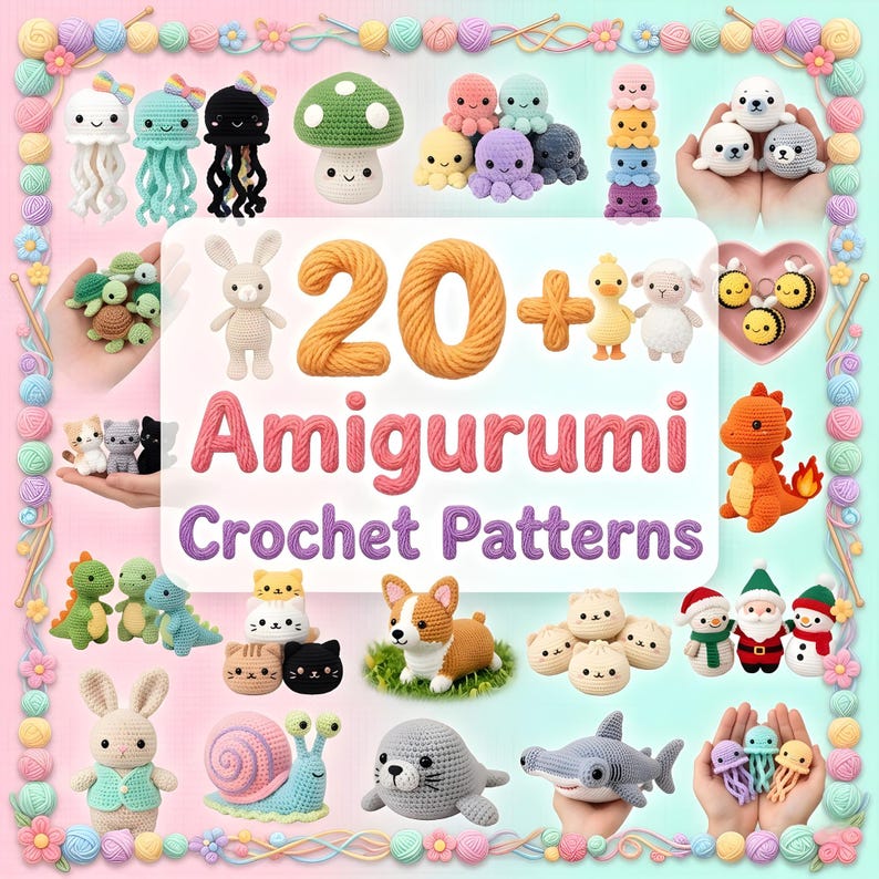 Pode incluir: Uma imagem vibrante mostrando v&aacute;rios padr&otilde;es de croch&ecirc; amigurumi, incluindo &aacute;guas-vivas, polvos, um cogumelo e um corgi. A imagem apresenta o texto "20+ Amigurumi Crochet Patterns" em uma fonte l&uacute;dica, cercada por novelos de l&atilde;.