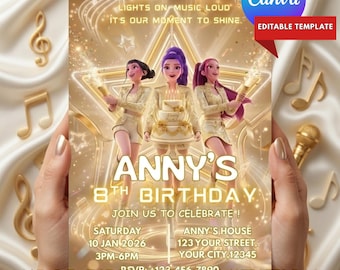 May include: A gold-toned K-pop birthday invitation with the text "ANNY'S 8TH BIRTHDAY." The invitation features three animated figures, a cake, and musical notes. The text includes the date, time, and location of the party. The Canva logo is visible.