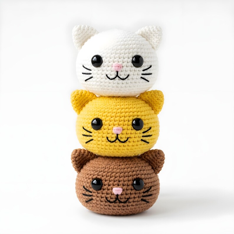 Pode incluir: Tr&ecirc;s cabe&ccedil;as de gato de croch&ecirc; empilhadas em branco, amarelo e marrom. Cada cabe&ccedil;a de gato tem olhos pretos, narizes rosa e bigodes bordados. Os brinquedos de gato feitos &agrave; m&atilde;o s&atilde;o empilhados.