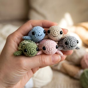 Pode incluir: Seis pequenas tartarugas de croch&ecirc; em tons pastel: azul, verde, rosa, cinza e bege. Cada tartaruga tem um rosto sorridente e olhos pretos. As tartarugas s&atilde;o feitas &agrave; m&atilde;o e parecem macias e aconchegantes.