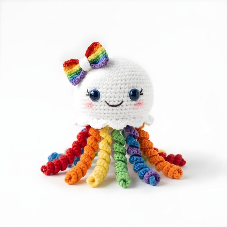 Pode incluir: Uma &aacute;gua-viva branca de croch&ecirc; com um la&ccedil;o arco-&iacute;ris e tent&aacute;culos coloridos. A &aacute;gua-viva tem olhos azuis, bochechas rosadas e uma boca sorridente. Os tent&aacute;culos s&atilde;o em tons de vermelho, laranja, amarelo, verde, azul e roxo.