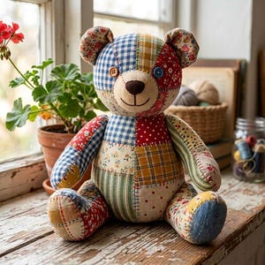 May include: A stuffed teddy bear constructed from various fabric patches featuring blue and white gingham, red with white polka dots, yellow plaid, and floral patterns. The bear has two mismatched button eyes, a brown stitched nose, and a stitched mouth.